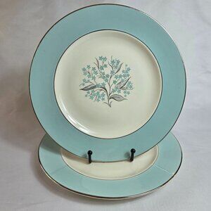 TWO Sevron Blue Lace Dinner Plates Floral Center Aqua Blue Border